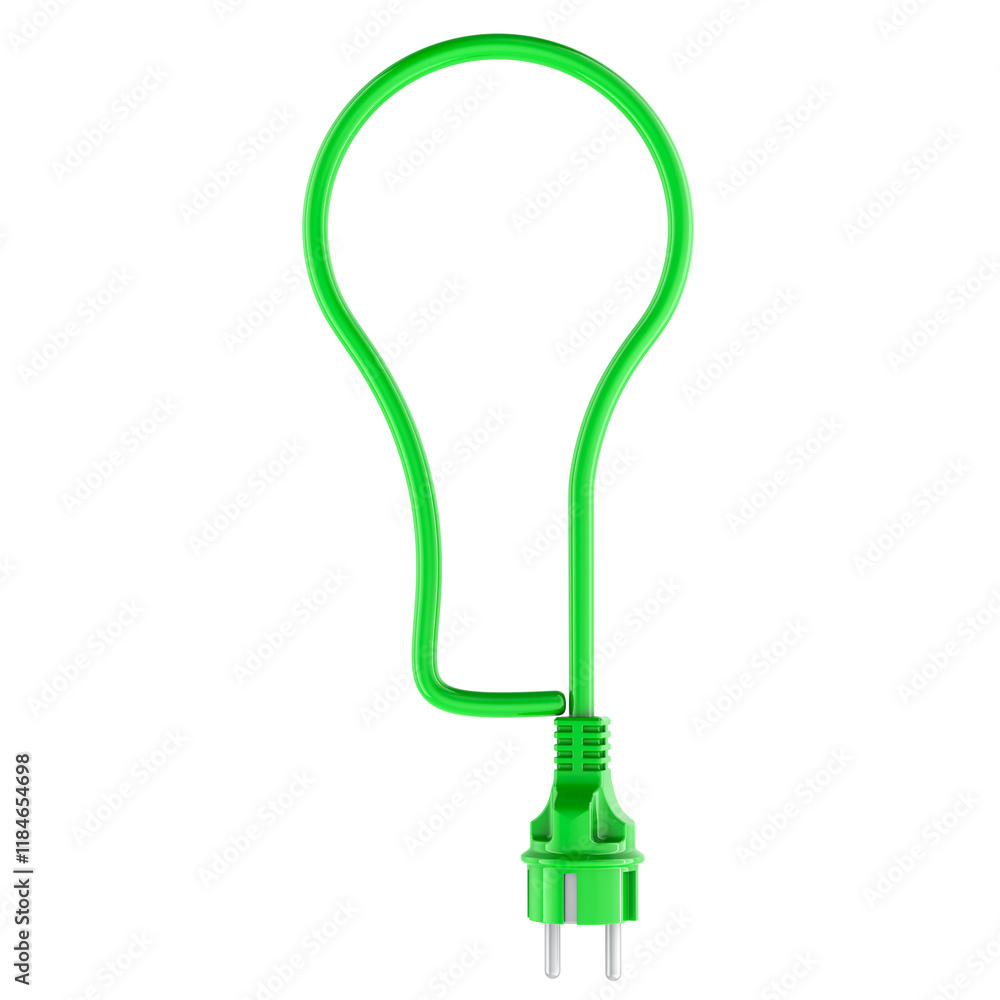 Poster energy saving concept. light bulb shape from green power cable with power plug. 3d rendering isolate