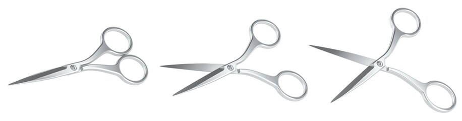 Metallic Scissors, opened and closed. 3D rendering isolated on transparent background