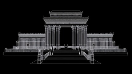 Obraz premium Wireframe rendering of a grand classical temple with a monumental entrance and staircase.