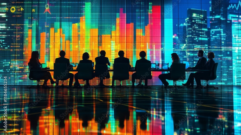 Poster silhouetted figures review colorful data graphs.