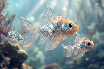 Fototapeta premium Fish with crystal-like fins and diamond-shaped bodies, shimmering against a serene coral reef background in clear waters.