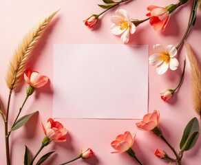 Delicate Floral Frame with Blank Card on Pastel Pink: A Canvas for Creativity and Tender Sentiments
