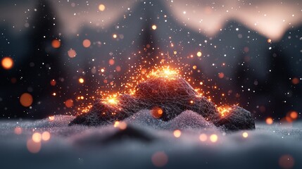 Glowing Embers on Snowy Mountain Peak Abstract Winter Landscape 3D Render