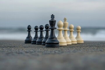 Chess pieces arranged outdoors, near ocean.