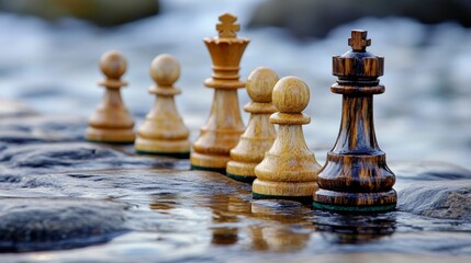 Wooden chess pieces near water.