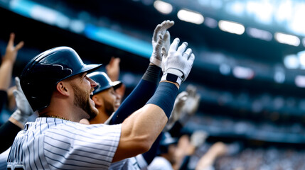 A group of excited baseball players celebrates a play, raising their hands in joy, showcasing team spirit and enthusiasm in a vibrant stadium atmosphere.