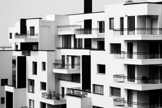 Modern White and Black Edificios: Stylish Architecture in European City with Window and Balcony for Real Estate