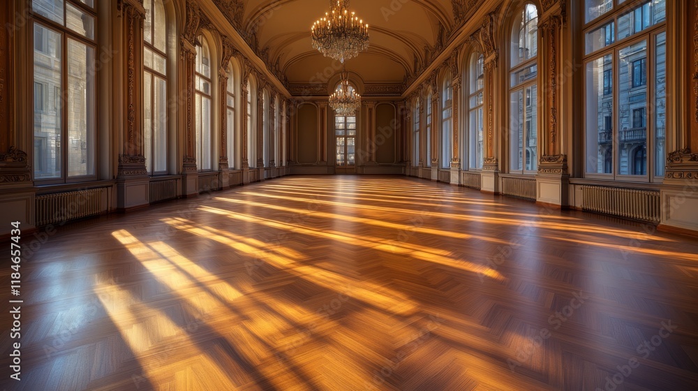 Poster sunlight streams through large arched windows, illuminating polished wood floors in a spacious room.