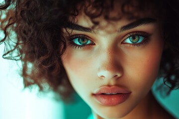 Fototapeta premium Pretty calm mixed-race girl - for ads, advertisement and digital marketing banner use. Short trim - curly hair. Commercial ad creative. Colored woman lookbook. Model concept idea. Colored gir.