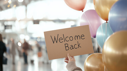 Airport Welcome Scene with Balloons and Sign