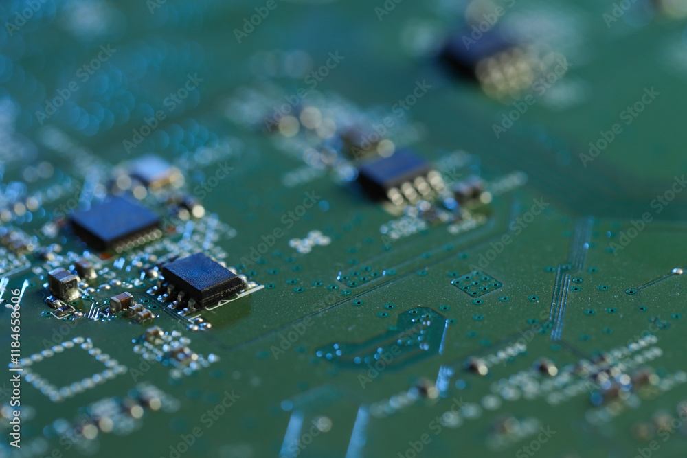 Poster computer circuit board, macro view. electronic engineering