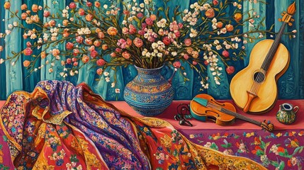 Novruz still life with semeni sabzi wheat grass , silk national scarf, eastern musical instrument and orchids. Spring equinox in March celebration, copy space 