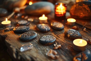 Mystical Oracle: Rune Stones and Candles on Vintage Wooden Table
