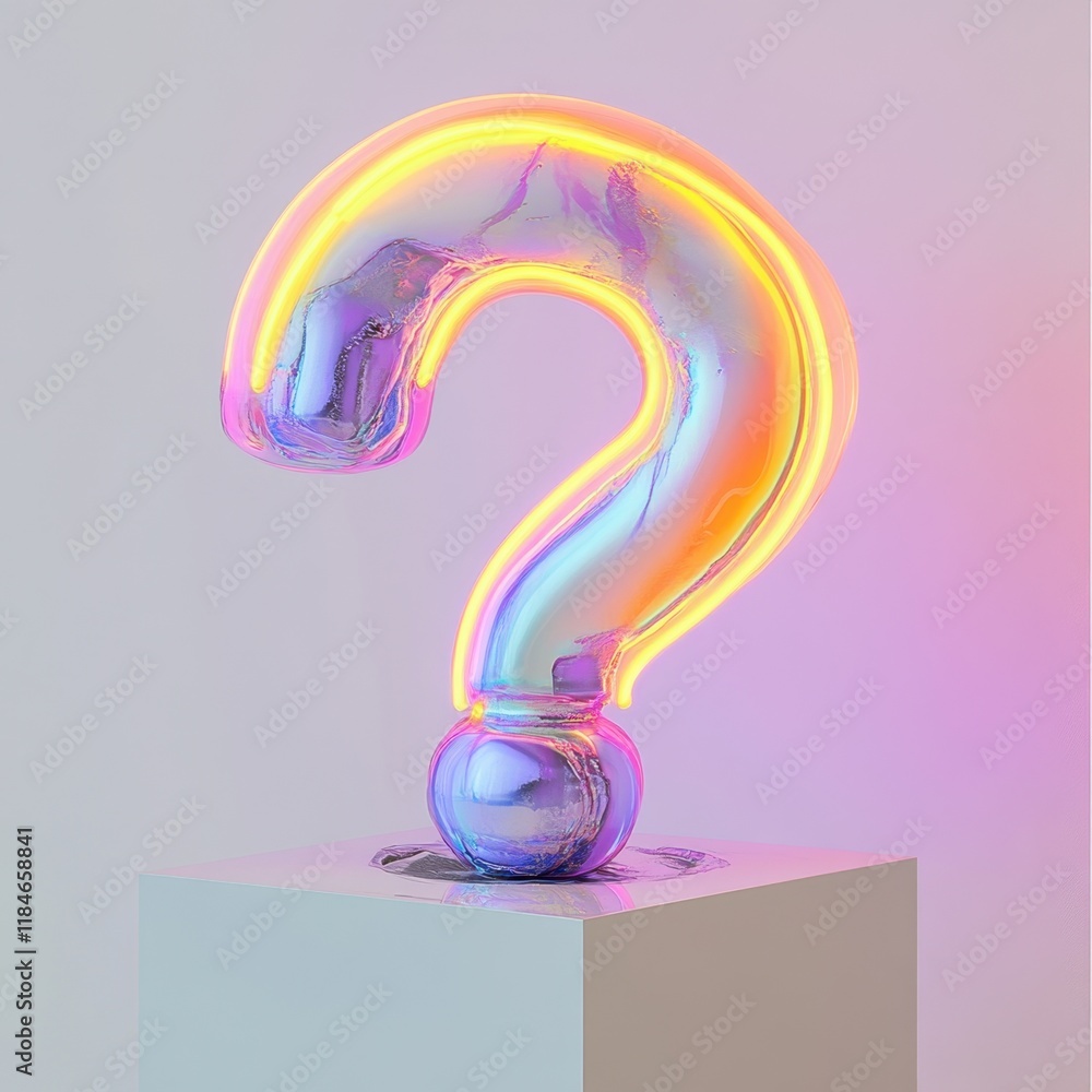 Fototapete bright, neon-like question mark glowing on a white backdrop, symbolizing intrigue and the pursuit of