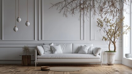 Natural Interior Design: Empty Living Room with Green Tree Branch 3D Rendering