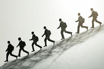 Silhouetted figures ascend uphill, carrying bags.