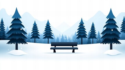 Fototapeta premium A peaceful winter scene: a park bench sits in the snow, surrounded by snow-covered evergreen trees and a mountain backdrop.