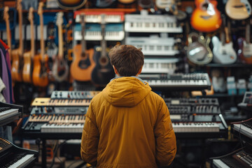Generative AI image of hipster person in vintage music shop with retro vinyl records and tapes collection