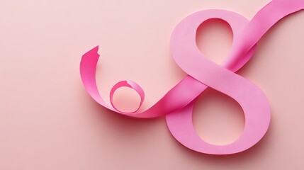 Obraz premium Paper cut eight with ribbon on pink background. Postcard March 8 on a pink background