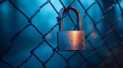 A solitary lock on a chain-link fence represents a promise kept, evoking themes of security, commitment, and trust with a blurred background creating a sense of emptiness and isolation

