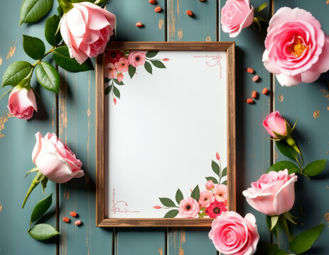 Romantic Floral Frame on Rustic Teal Wood: A Customizable Template for Mother's Day, Birthdays, Weddings, and Special Occasions