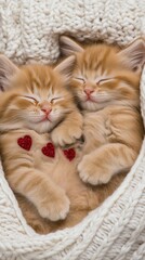 Obraz premium Two cheerful tabby cats are snuggled together, soundly sleeping in a basket on a winter white knitted blanket with red glitter hearts