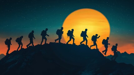 Fototapeta premium Silhouetted hikers ascend mountain, large sun behind.