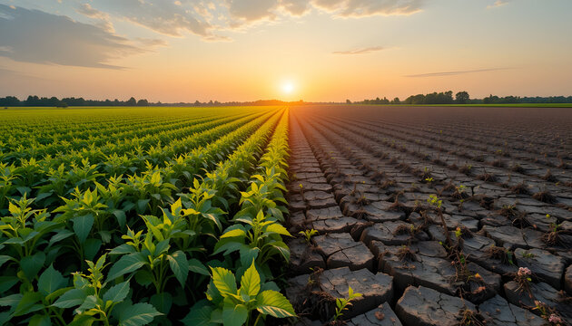 A panoramic view of agricultural fields on the left, vibrant, green, and flourishing crops on the right, barren, cracked soil and wilted plants hope and despair in agriculture climate change