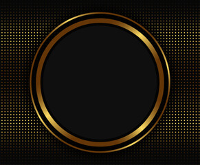 Festive advertising dark vector illustration background with golden dots pattern and round sparkle banner