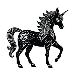 A majestic unicorn intricately designed in zentangle style, featuring ornate patterns, flowing mane, and a magical aura, blending elegance and artistic detail.