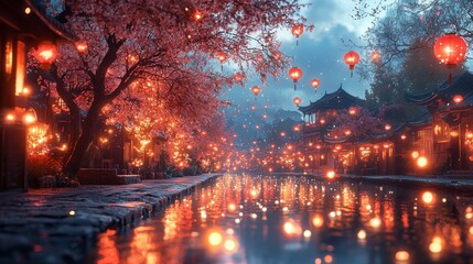 Fototapeta premium Serene Night in a Traditional Village with Lanterns and Blossoms