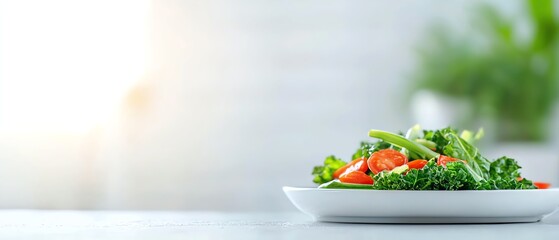 Fresh and vibrant salad with greens and cherry tomatoes on a white plate against a bright, blurred background.