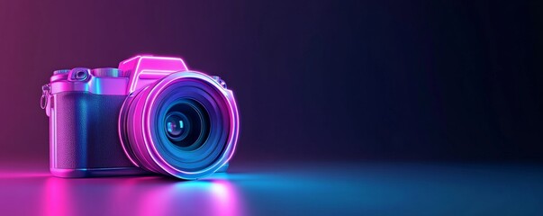 Modern Digital Single-lens Reflex Camera Illuminated by Neon Lights