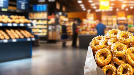 Freshly baked pretzels displayed in a warm and inviting bakery atmosphere. Perfect for snack lovers and foodies.