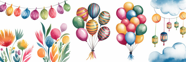 Obraz premium Festive Watercolor Balloons Flowers Lanterns Garland
