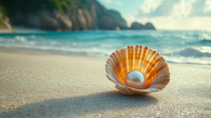 Obraz premium A solitary pearl rests delicately inside an open seashell symbolizing purity, rarity, and hidden beauty, evoking thoughts of nature’s treasures and the mystery beneath the surface