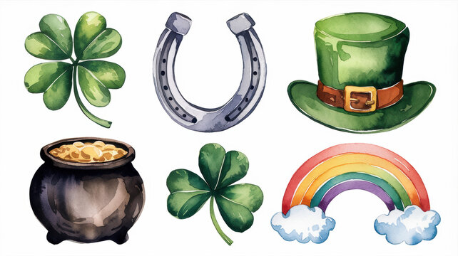 Watercolor St Patrick s Day Symbols Clover Horseshoe Leprechaun Hat Rainbow Pot of Gold
