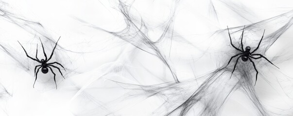 Two Black Spiders Waiting on Spiderweb for Halloween Party