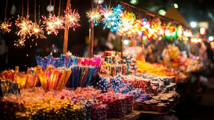 Vibrant Night Market with Colorful Lights and Decorations