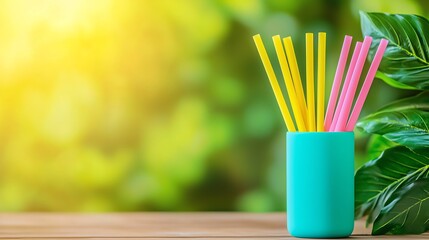 Colorful straws in a turquoise holder against a vibrant green background, perfect for summer drinks and fun gatherings.