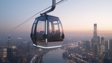 Futuristic Glass Cable Car Above City Skyline at Dusk