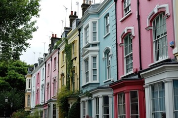 Fototapeta premium Pastel Palette: Colorful English Townhouses in London's Sunlit Streets