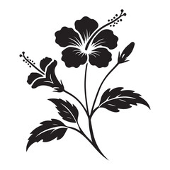 Silhouette of Hibiscus Flower with Buds and Leaves