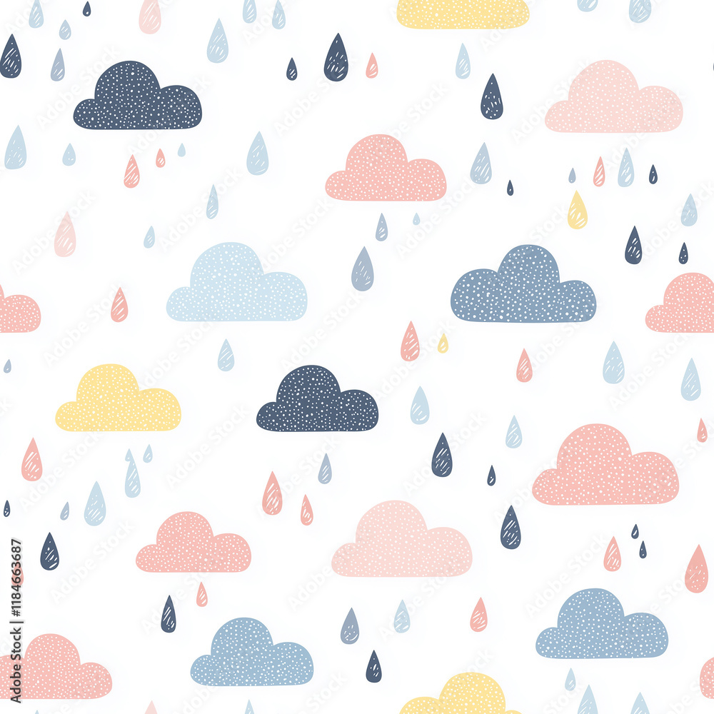 Aufkleber scandinavian seamless pattern of clouds and raindrops digital art graphic design light and colorful 