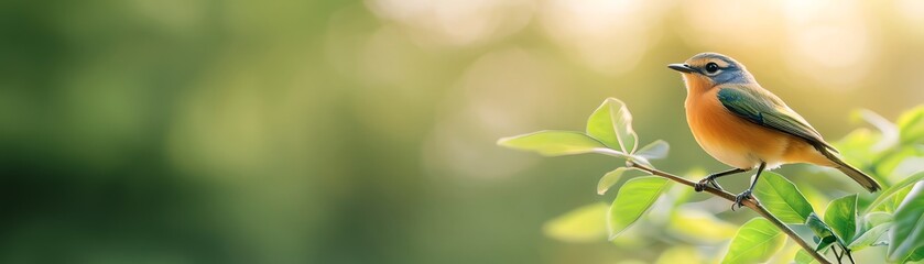 Fototapeta premium A vibrant bird perched on a branch, surrounded by lush greenery and soft, natural light.