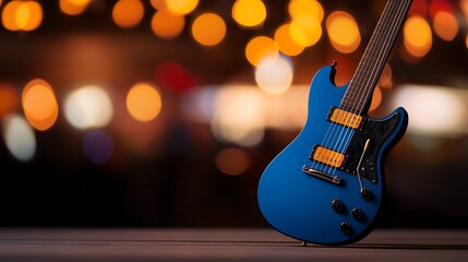 Naklejka premium A vibrant blue electric guitar stands in focus against a backdrop of warm, blurred bokeh lights, symbolizing music.