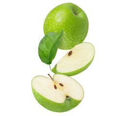 ripe green apple fruits and apple slice and half with leaf levitate in air on isolated white...