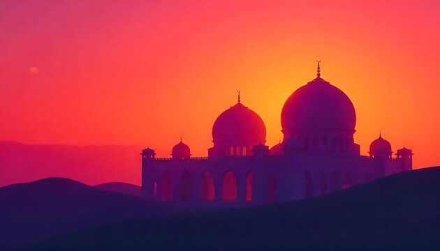 silhouette of a mosque in sunset, Majestic Mosque Silhouette Against a Vibrant Sunset Sky