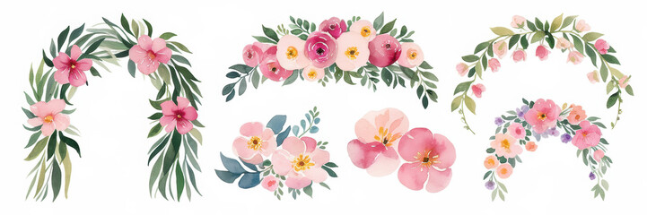 Watercolor Floral Arrangements Pink Flowers Greenery Wedding Invitations Design Elements