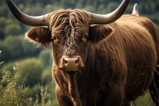 Portrait of a Majestic Auroch Bull Outdoors. Black Cow with Horns and Powerful Head Shot in Stunning Bull Portrait